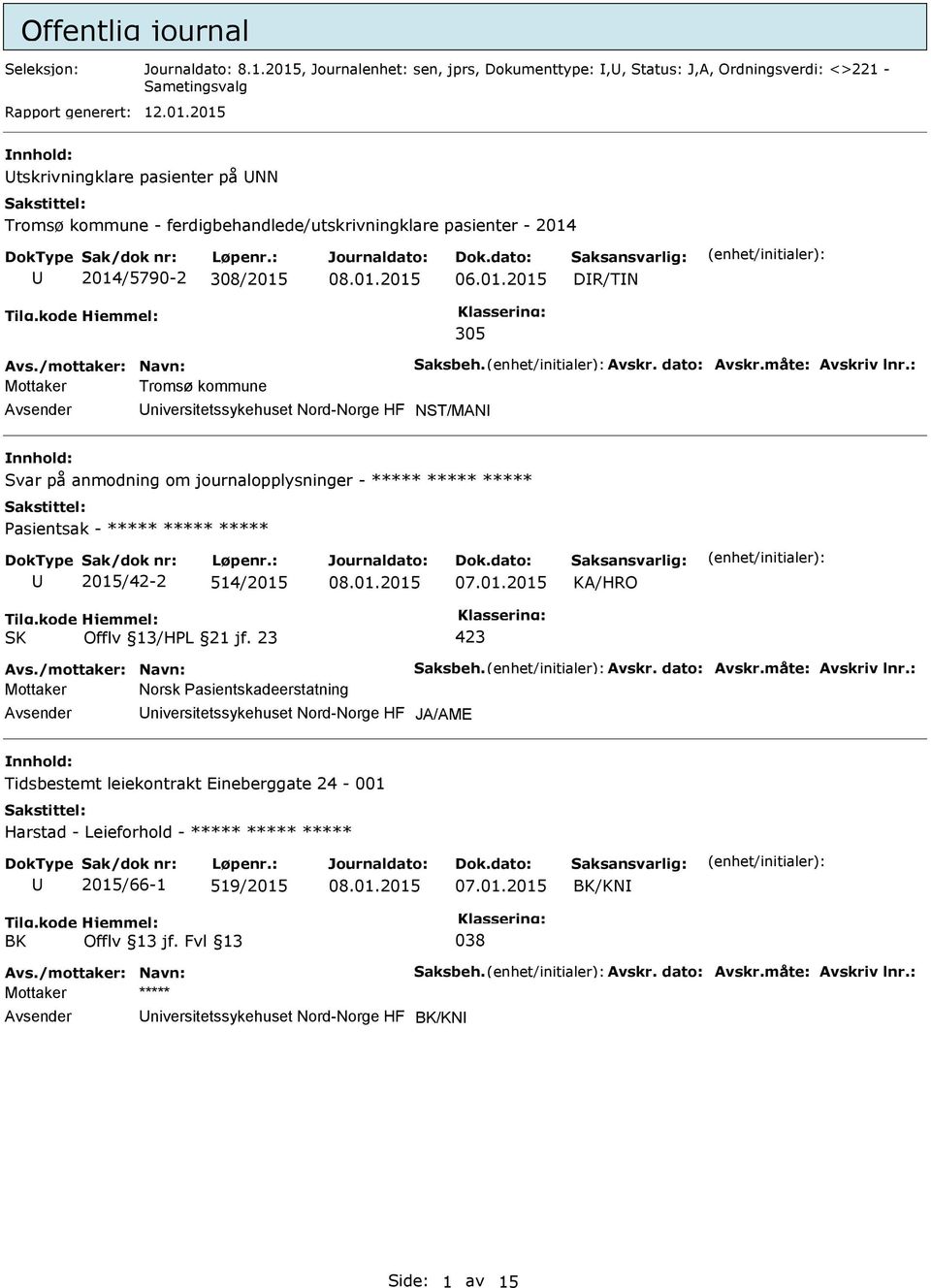 : Mottaker Tromsø kommune niversitetssykehuset Nord-Norge HF NST/MAN Svar på anmodning om journalopplysninger - ***** ***** ***** Pasientsak - ***** ***** ***** 2015/42-2 514/2015 Avs.