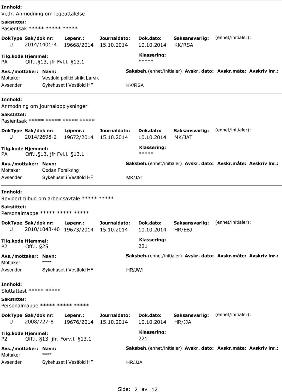 måte: Avskriv lnr.: Mottaker Codan Forsikring Revidert tilbud om arbeidsavtale Personalmappe 2010/1043-40 19673/2014 HR/EBJ Avs./mottaker: Navn: Saksbeh. Avskr. dato: Avskr.