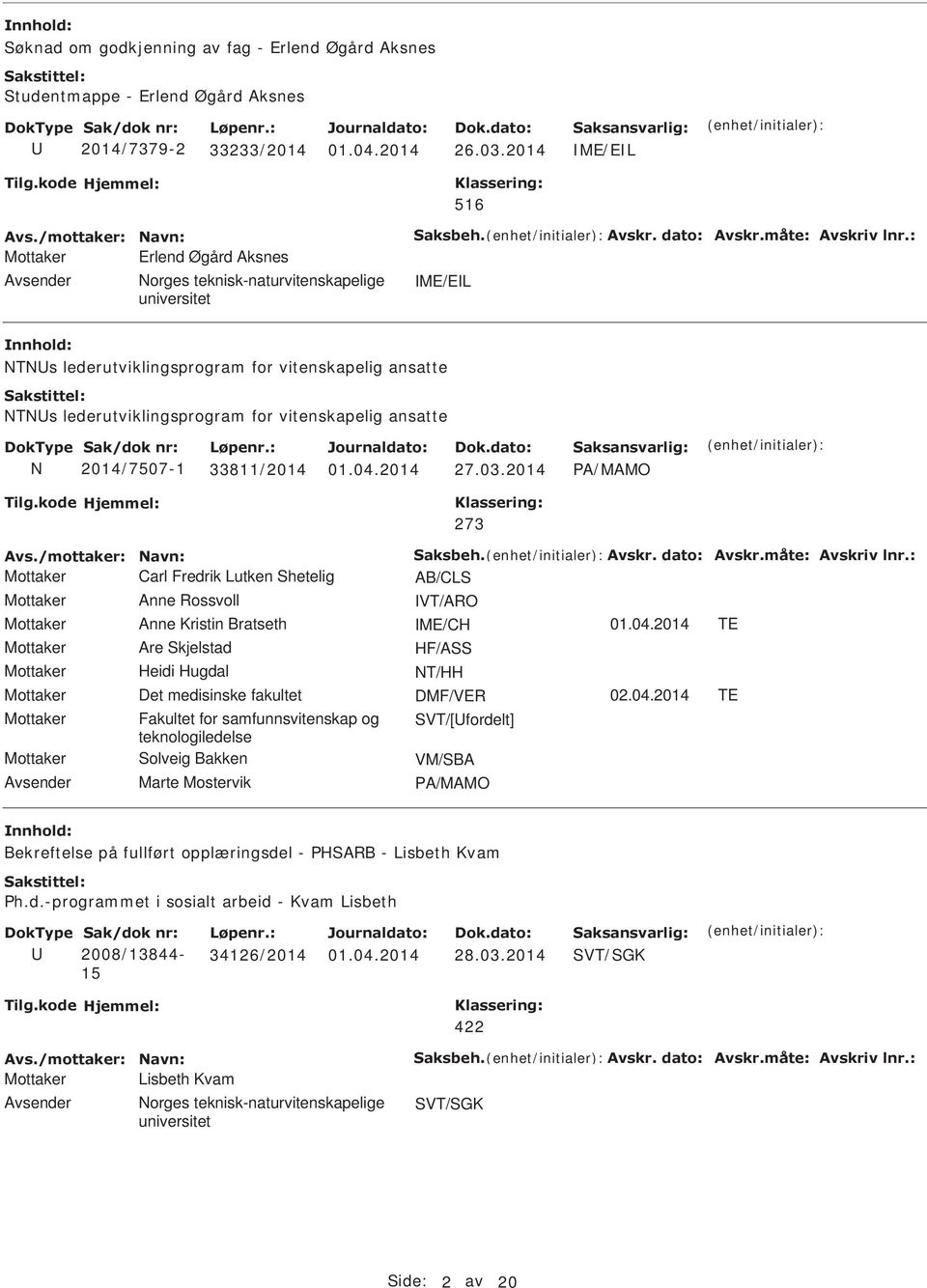 2014 A/MAMO 273 Avs./mottaker: avn: Saksbeh. Avskr. dato: Avskr.måte: Avskriv lnr.: Mottaker Carl Fredrik Lutken Shetelig AB/CLS Mottaker Anne Rossvoll VT/ARO Mottaker Anne Kristin Bratseth ME/CH 01.