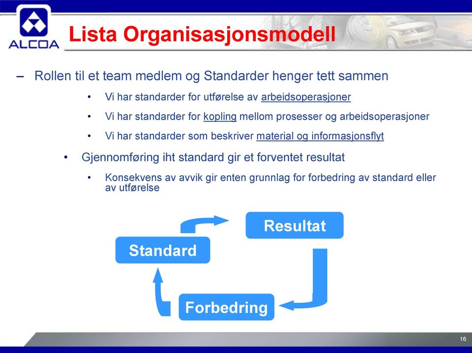 standarder som beskriver material og informasjonsflyt Gjennomføring iht standard gir et forventet resultat