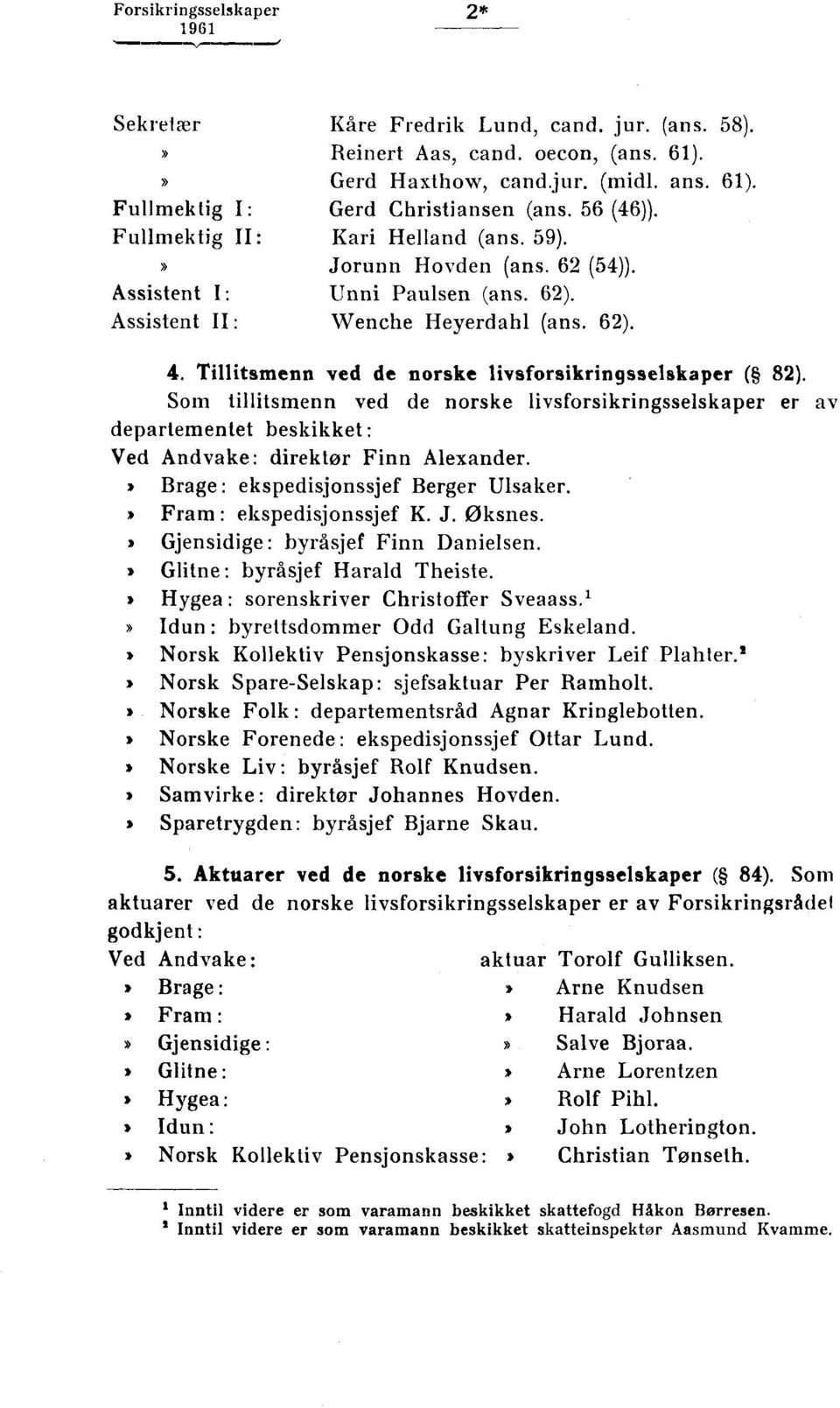 Tillitsmenn ved de norske livsforsikringsselskaper ( 82). Som tillitsmenn ved de norske livsforsikringsselskaper er av departementet beskikket: Ved Andvake: direktør Finn Alexander.