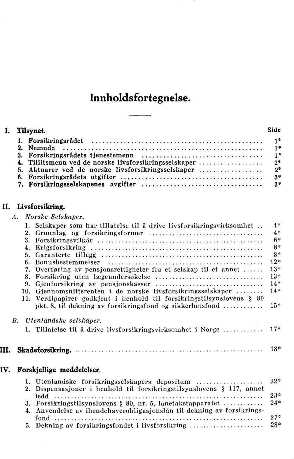 . Selskaper som bar tillatelse til å drive livsforsikringsvirksomhet 2. Grunnlag og forsikringsformer 3. Forsikringsvilkår 4. Krigsforsikring 5. Garanterte tillegg 6. Bonusbestemmelser 7.