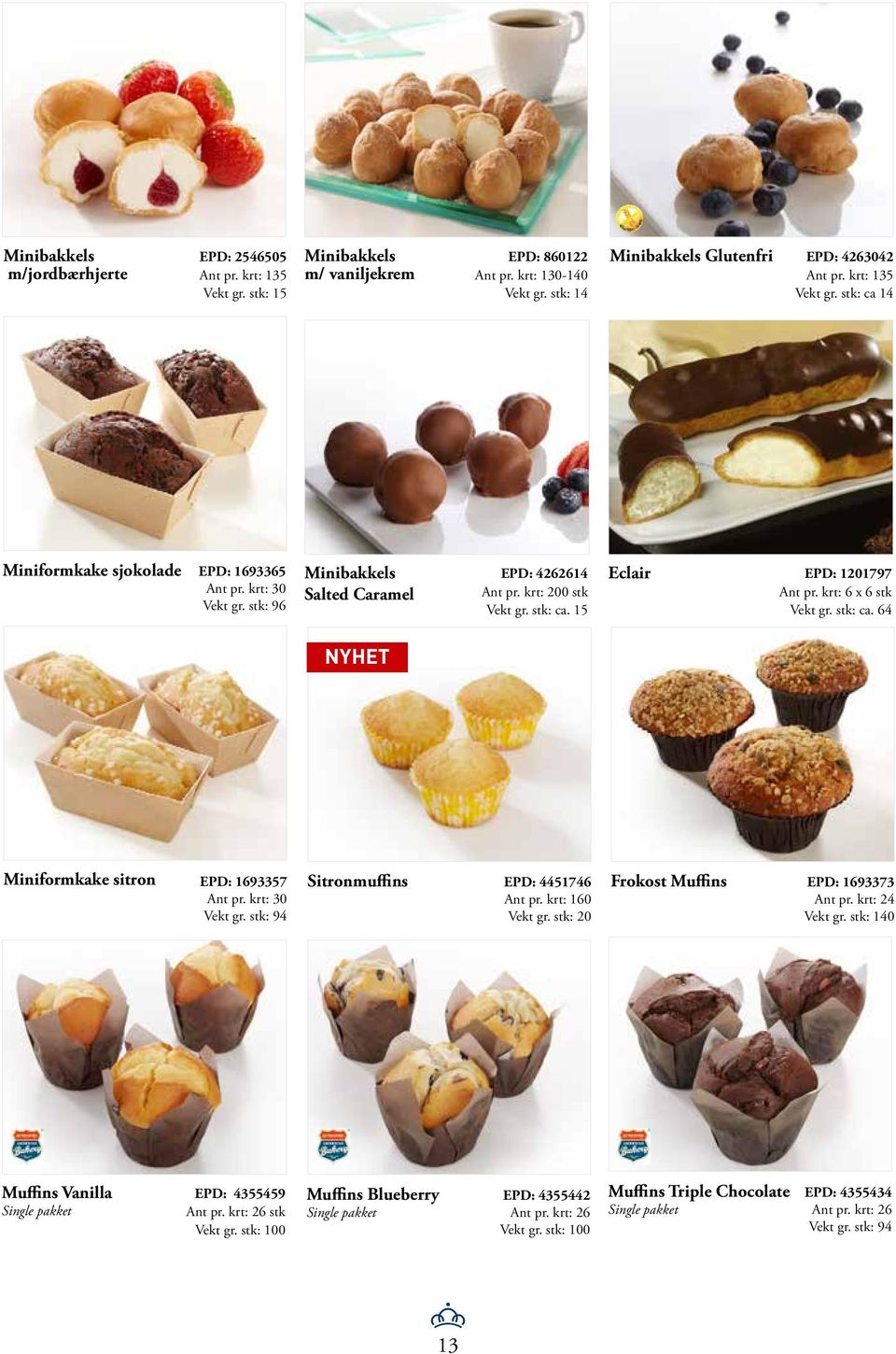 stk: ca. 64 NYHET Miniformkake sitron EPD: 1693357 Ant pr. krt: 30 Vekt gr. stk: 94 Sitronmuffins EPD: 4451746 Frokost Muffins EPD: 1693373 Ant pr. krt: 160 Ant pr. krt: 24 Vekt gr. stk: 20 Vekt gr.