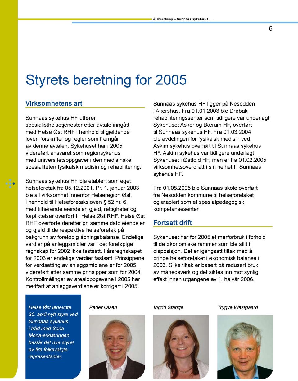 Sunnaas sykehus HF ble etablert som eget helseforetak fra 05.12.2001. Pr. 1. januar 2003 ble all virksomhet innenfor Helseregion Øst, i henhold til Helseforetaksloven 52 nr.