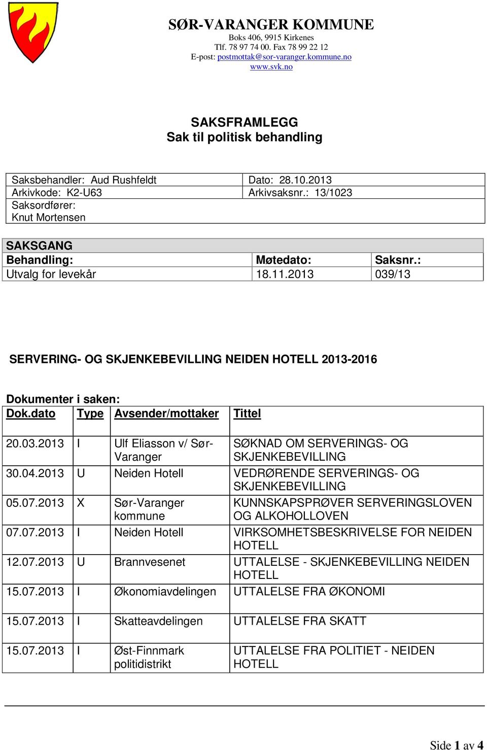 : Utvalg for levekår 18.11.2013 039/13 SERVERING- OG SKJENKEBEVILLING NEIDEN HOTELL 2013-2016 Dokumenter i saken: Dok.dato Type Avsender/mottaker Tittel 20.03.2013 I Ulf Eliasson v/ Sør- Varanger SØKNAD OM SERVERINGS- OG SKJENKEBEVILLING 30.