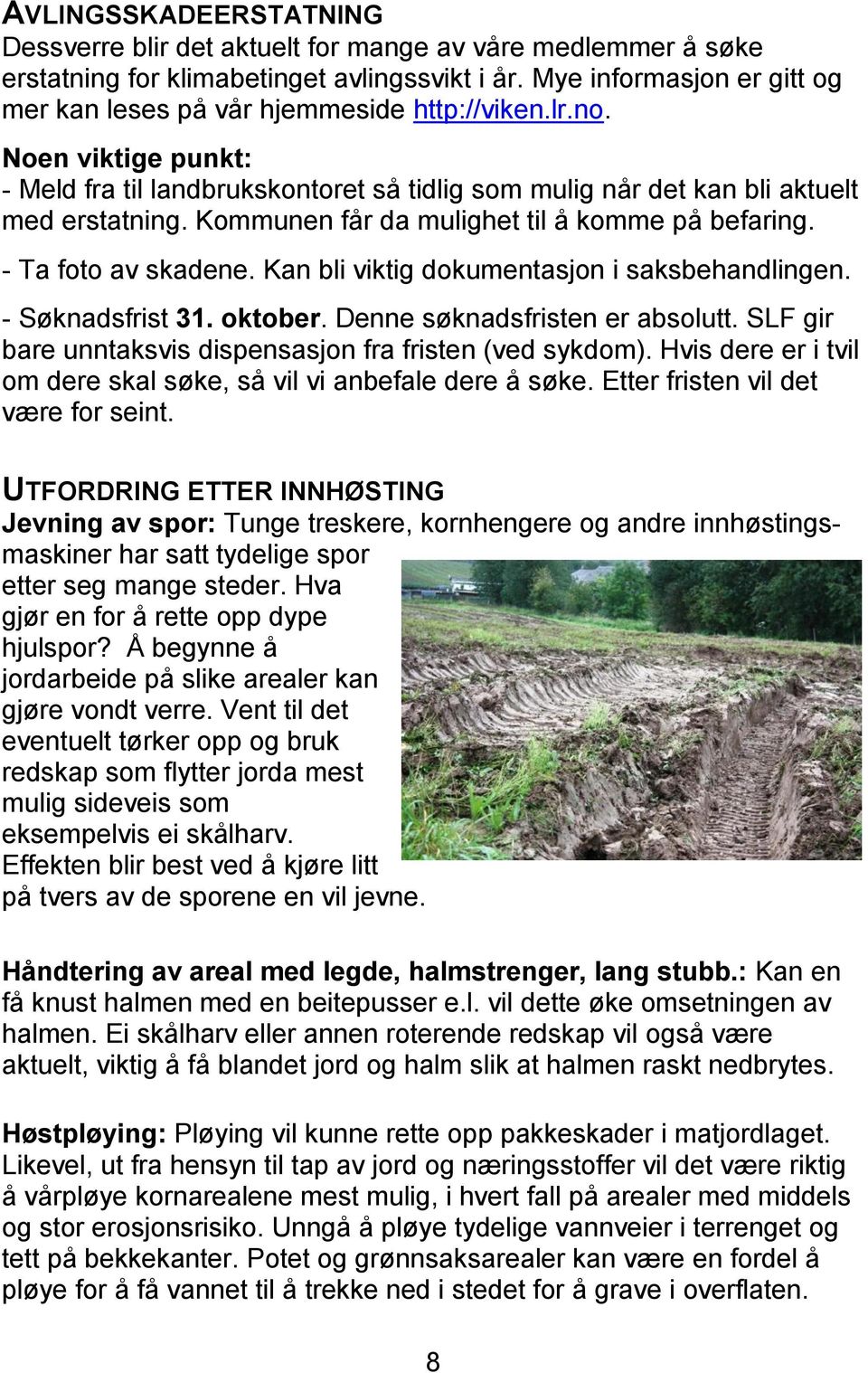 Kommunen får da mulighet til å komme på befaring. - Ta foto av skadene. Kan bli viktig dokumentasjon i saksbehandlingen. - Søknadsfrist 31. oktober. Denne søknadsfristen er absolutt.