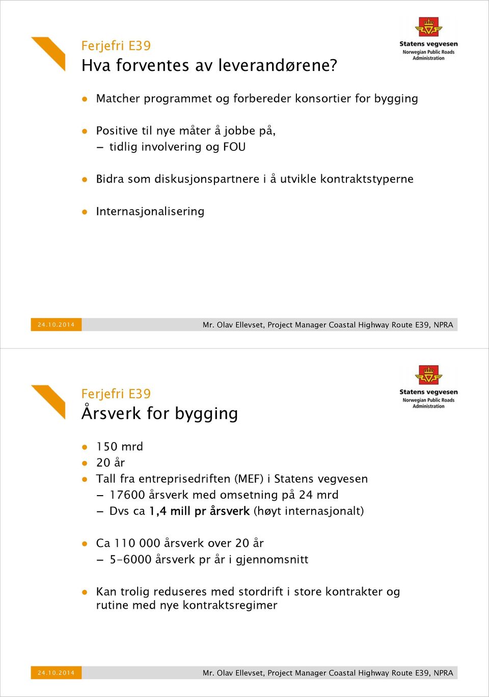 i å utvikle kontraktstyperne Internasjonalisering Ferjefri E39 Årsverk for bygging 150 mrd 20 år Tall fra entreprisedriften (MEF) i Statens