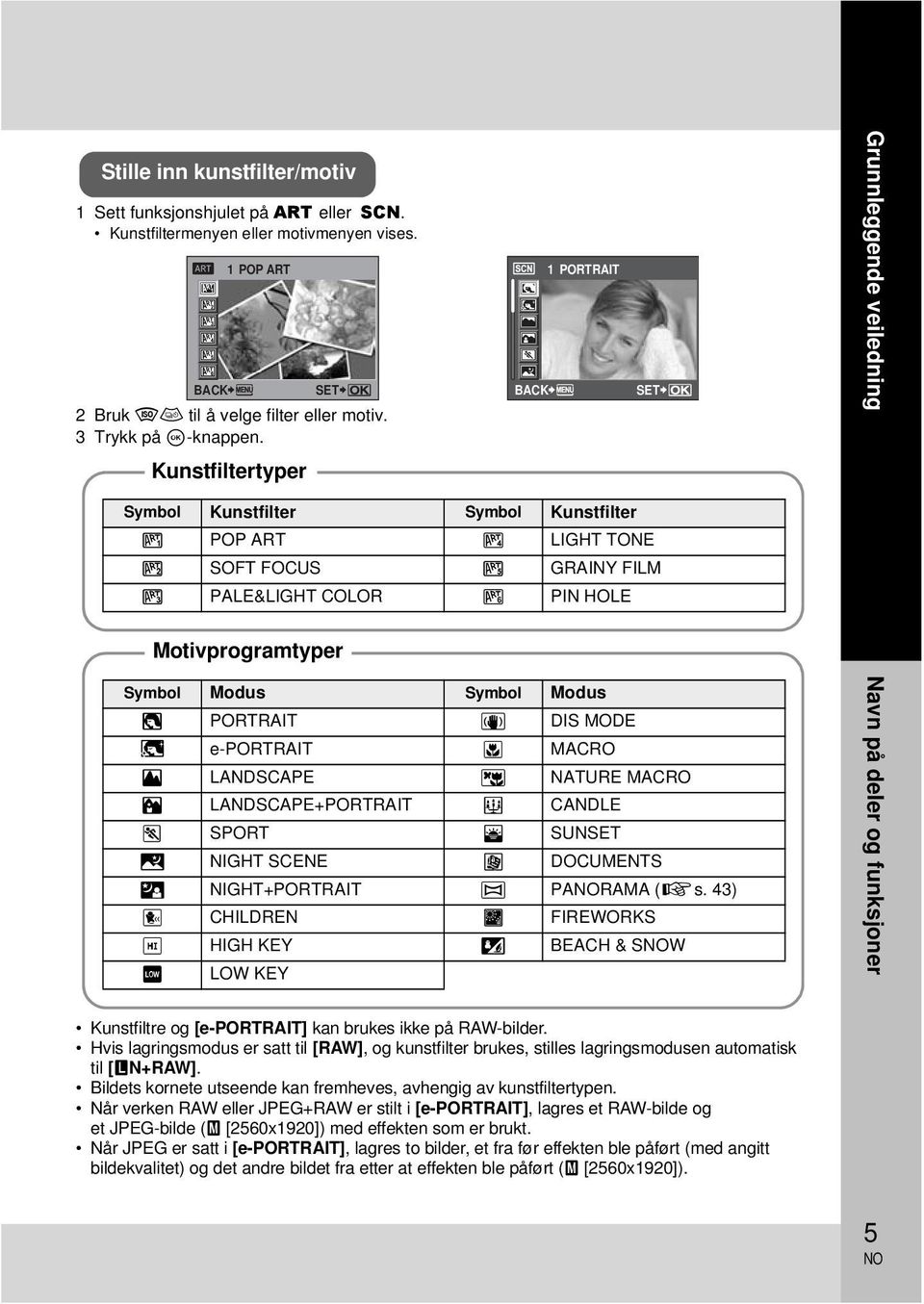 Motivprogramtyper Symbol Modus Symbol Modus I PORTRAIT q DIS MODE e e-portrait J MACRO L LANDSCAPE r NATURE MACRO K LANDSCAPE+PORTRAIT & CANDLE J SPORT * SUNSET G NIGHT SCENE @ DOCUMENTS U