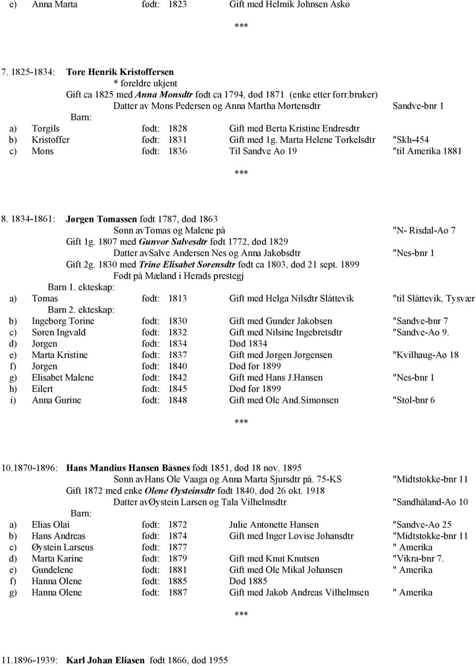 Marta Helene Torkelsdtr "Skh-454 c) Mons født: 1836 Til Sandve Ao 19 "til Amerika 1881 8. 1834-1861: Jørgen Tomassen født 1787, død 1863 Sønn avtomas og Malene på "N- Risdal-Ao 7 Gift 1g.