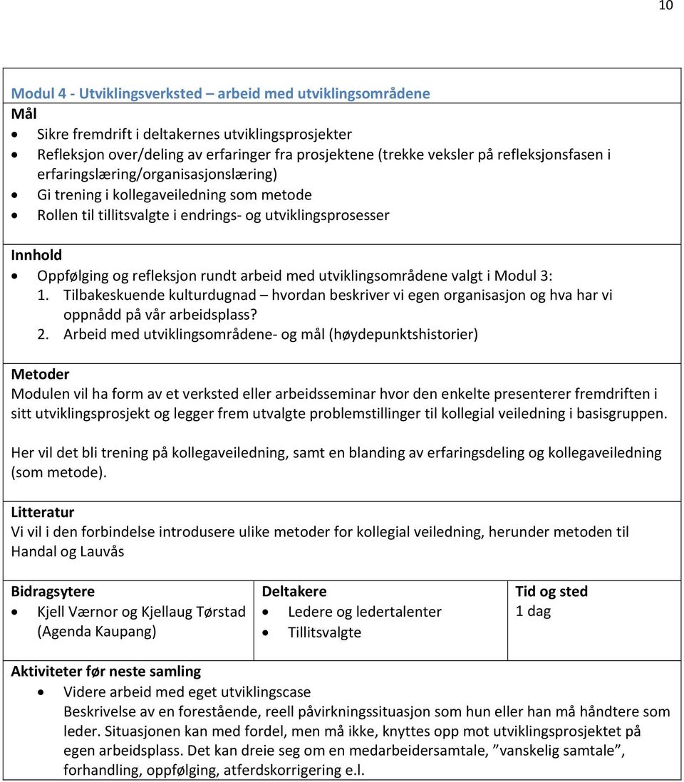 arbeid med utviklingsområdene valgt i Modul 3: 1. Tilbakeskuende kulturdugnad hvordan beskriver vi egen organisasjon og hva har vi oppnådd på vår arbeidsplass? 2.