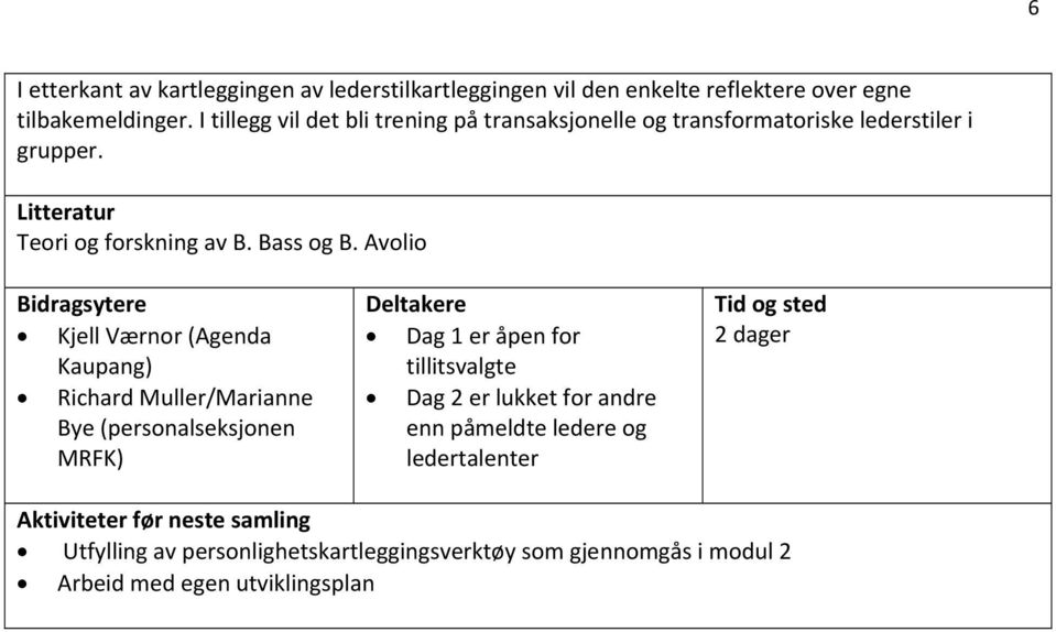 Avolio Bidragsytere Kjell Værnor (Agenda Kaupang) Richard Muller/Marianne Bye (personalseksjonen MRFK) Deltakere Dag 1 er åpen for tillitsvalgte Dag 2