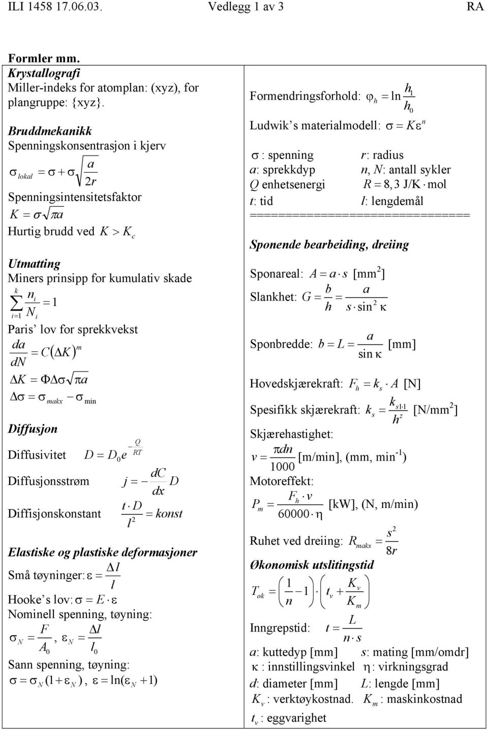 sprekkvekst d = C( K ) m dn K = Φ σ π σ = σ mkx σ min Diffusjon Diffusivitet D Diffusjonsstrøm = 0 D e c Q RT j = dc dx D t D Diffisjonskonstnt = 2 konst l Elstiske og plstiske deformsjoner l Små