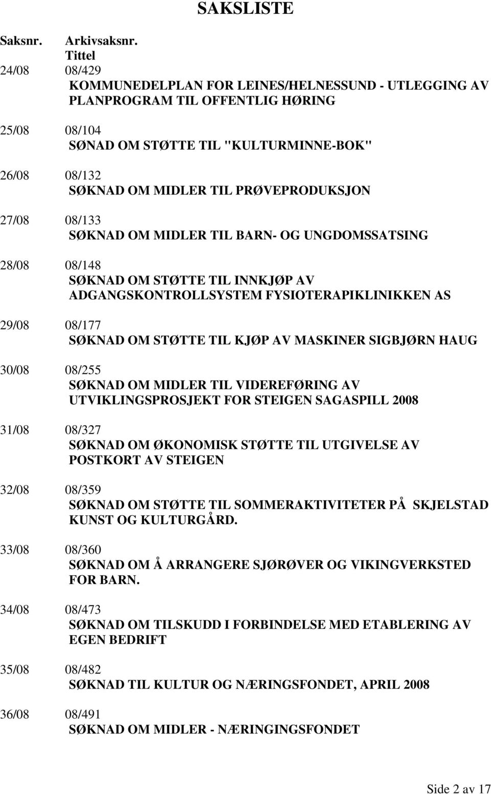 PRØVEPRODUKSJON 27/08 08/133 SØKNAD OM MIDLER TIL BARN- OG UNGDOMSSATSING 28/08 08/148 SØKNAD OM STØTTE TIL INNKJØP AV ADGANGSKONTROLLSYSTEM FYSIOTERAPIKLINIKKEN AS 29/08 08/177 SØKNAD OM STØTTE TIL