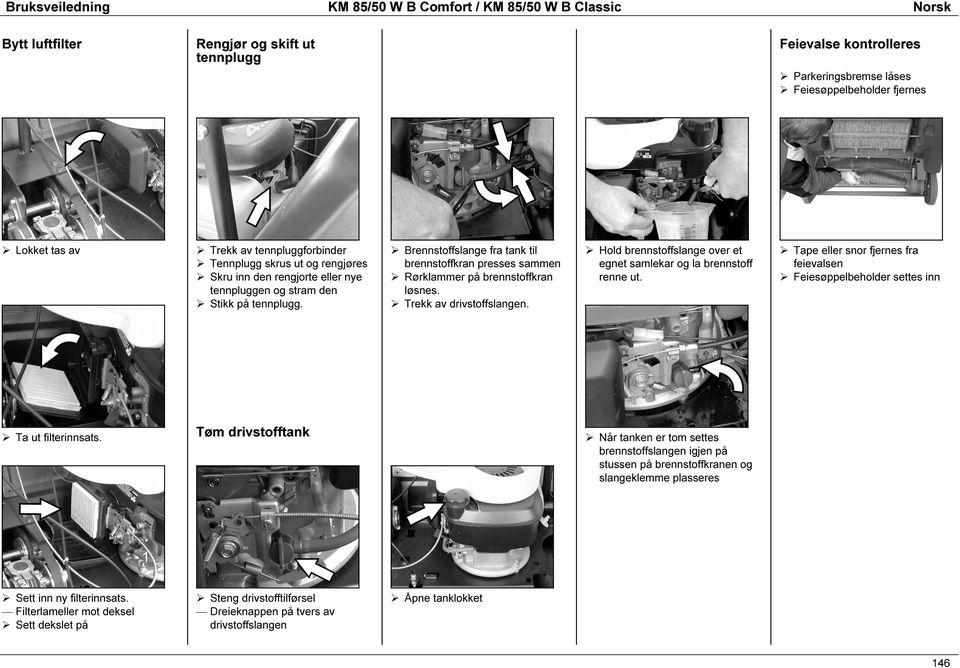 Trekk av drivstoffslangen. Hold brennstoffslange over et egnet samlekar og la brennstoff renne ut. Tape eller snor fjernes fra feievalsen Feiesøppelbeholder settes inn Ta ut filterinnsats.