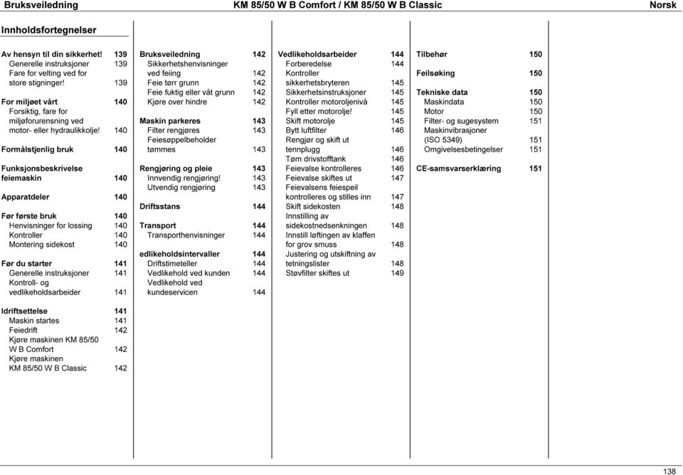 140 Formålstjenlig bruk 140 Funksjonsbeskrivelse feiemaskin 140 Apparatdeler 140 Før første bruk 140 Henvisninger for lossing 140 Kontroller 140 Montering sidekost 140 Før du starter 141 Generelle