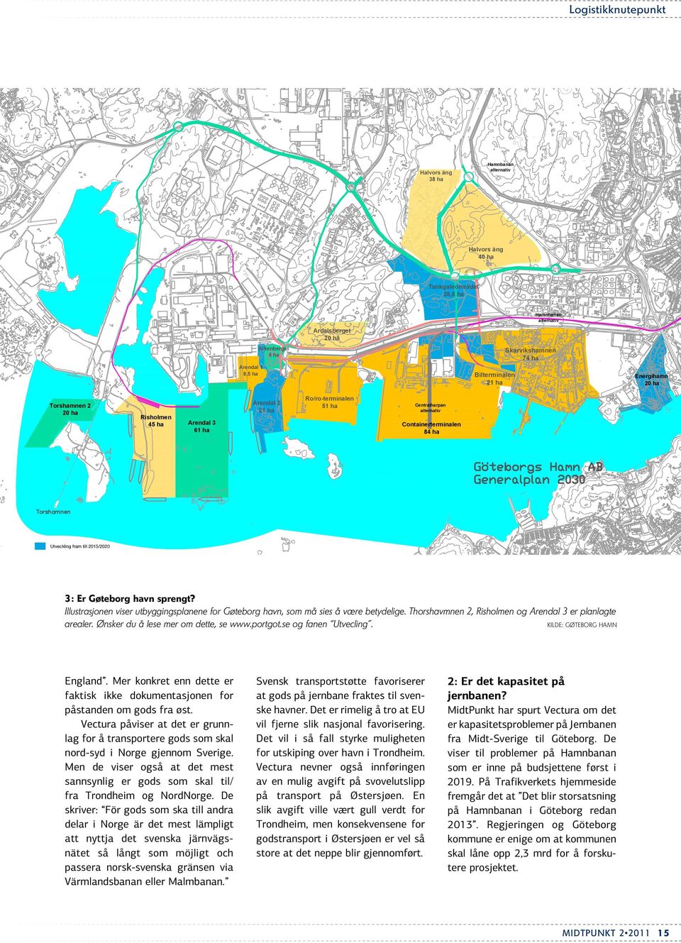 2015/2020 3: Er Gøteborg havn sprengt? Illustrasjonen viser utbyggingsplanene for Gøteborg havn, som må sies å være betydelige. Thorshavmnen 2, Risholmen og Arendal 3 er planlagte arealer.