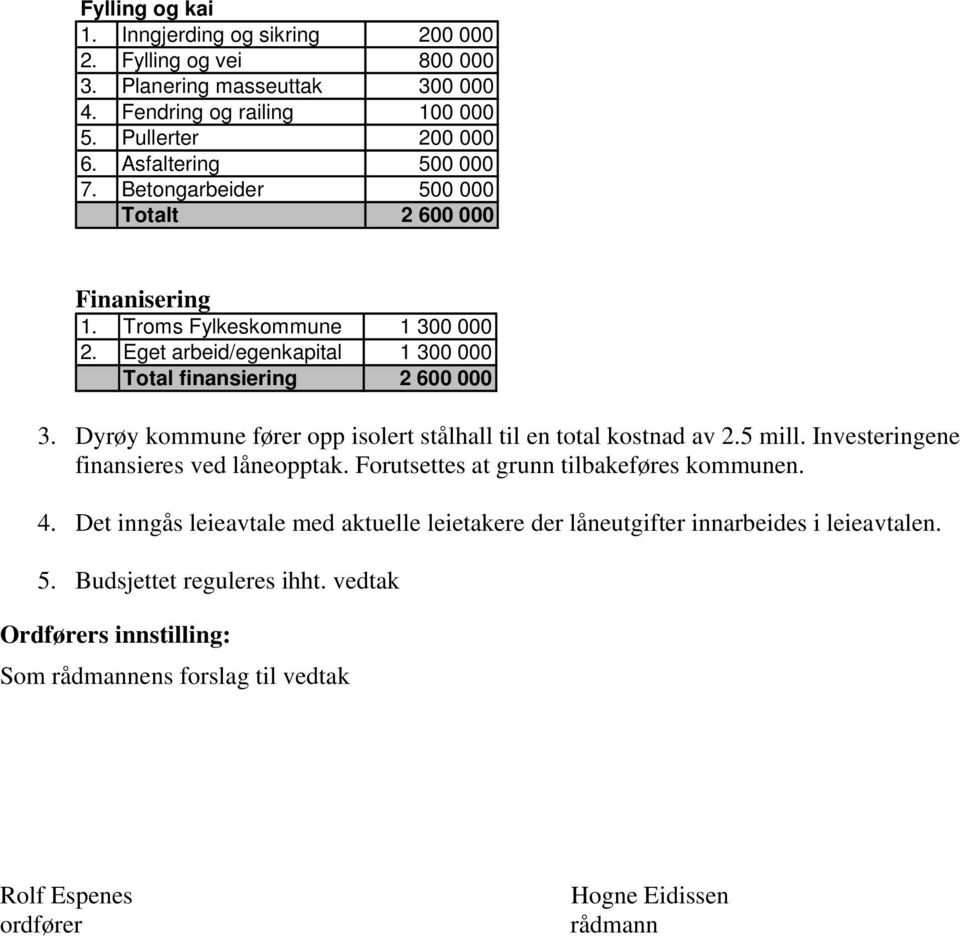 Dyrøy kommune fører opp isolert stålhall til en total kostnad av 2.5 mill. Investeringene finansieres ved låneopptak. Forutsettes at grunn tilbakeføres kommunen. 4.