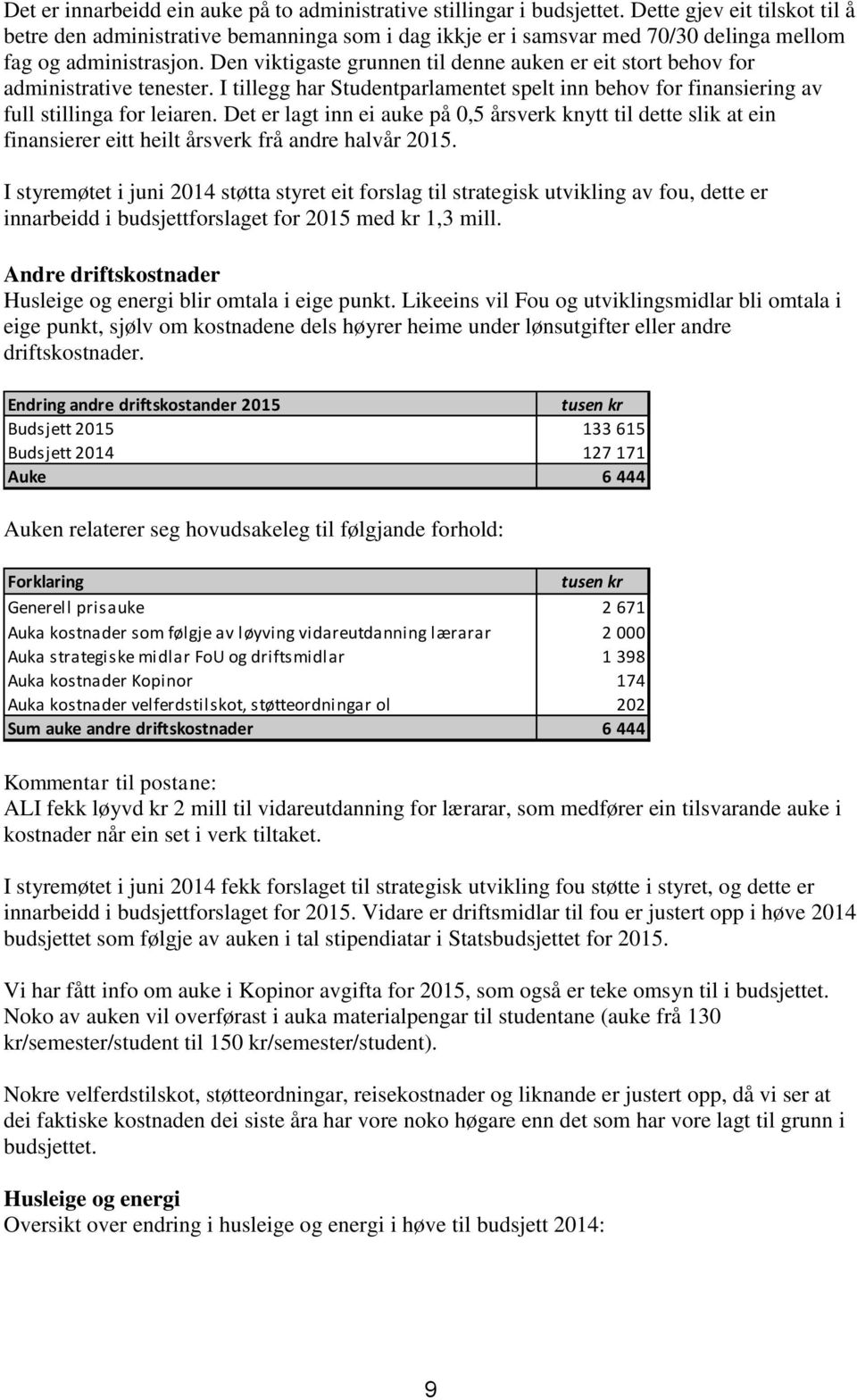 Den viktigaste grunnen til denne auken er eit stort behov for administrative tenester. I tillegg har Studentparlamentet spelt inn behov for finansiering av full stillinga for leiaren.