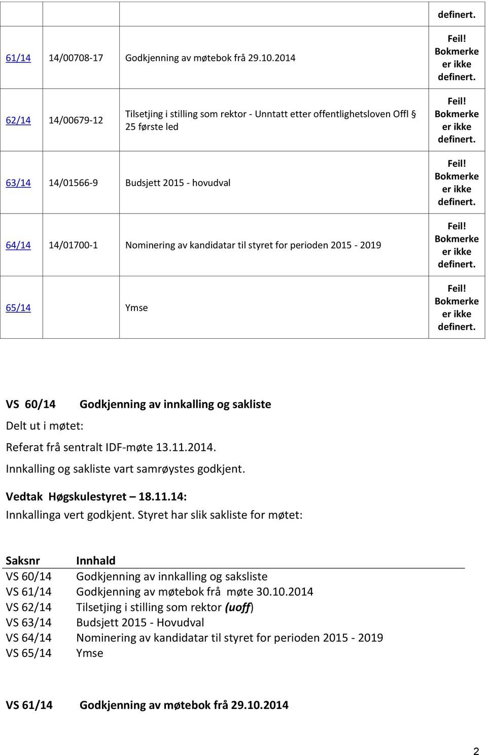 63/14 14/01566-9 Budsjett 2015 - hovudval 64/14 14/01700-1 Nominering av kandidatar til styret for perioden 2015-2019 65/14 Ymse Feil! Bokmerke er ikke definert.