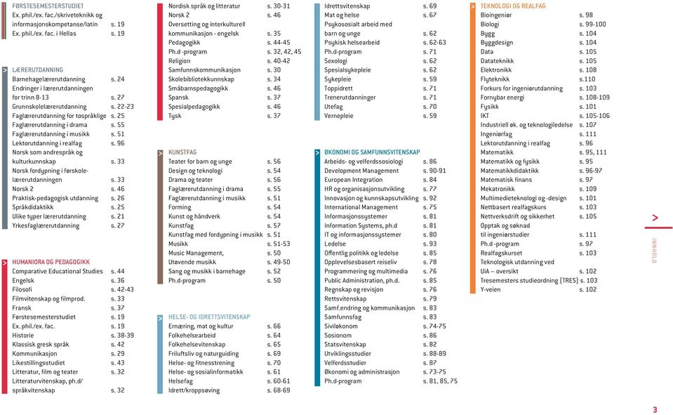 51 Lektorutdanning i realfag s. 96 Norsk som andrespråk og kulturkunnskap s. 33 Norsk fordypning i førskolelærerutdanningen s. 33 Norsk 2 s. 46 Praktisk-pedagogisk utdanning s. 26 Språkdidaktikk s.