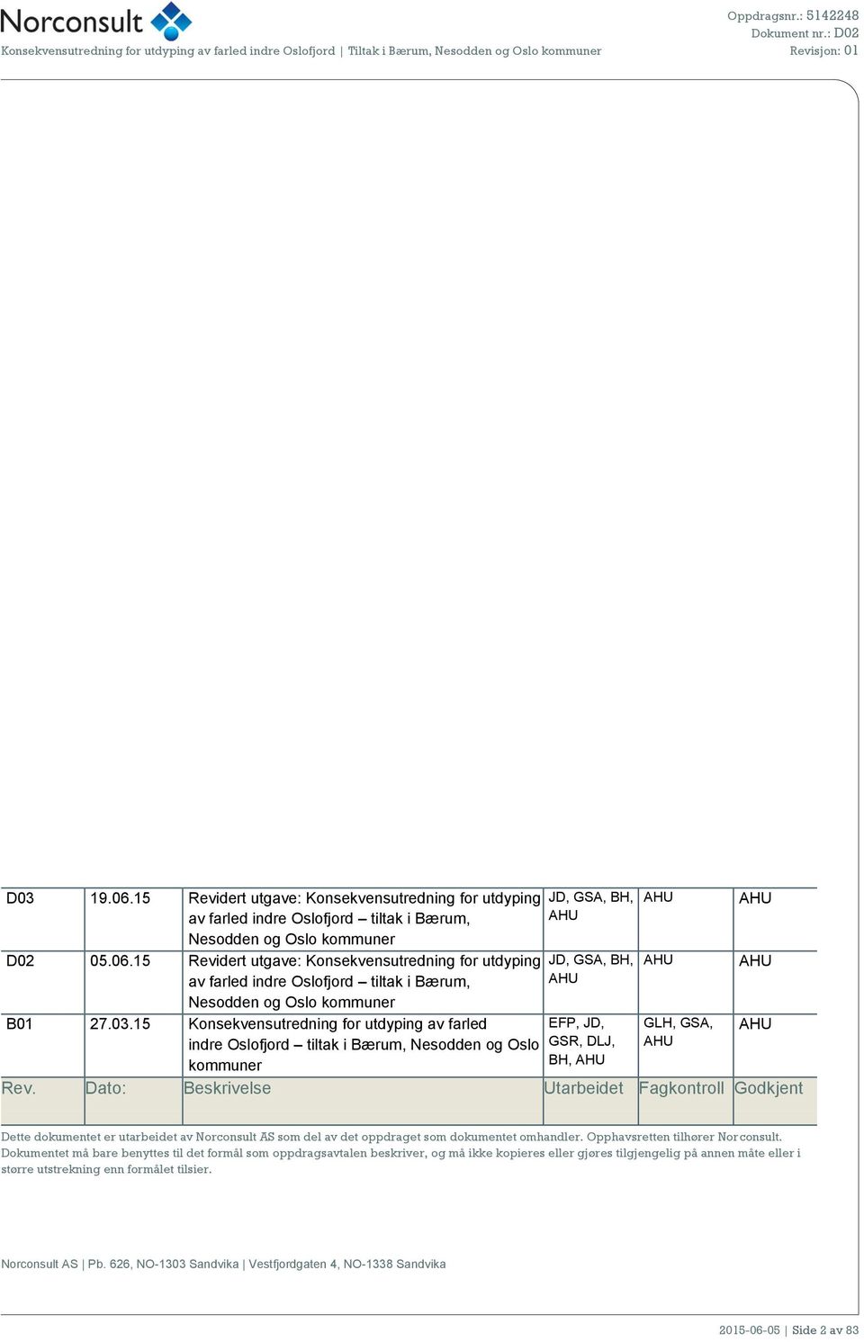 15 Revidert utgave: Konsekvensutredning for utdyping av farled indre Oslofjord tiltak i Bærum, Nesodden og Oslo kommuner JD, GSA, BH, AHU JD, GSA, BH, AHU B01 27.03.