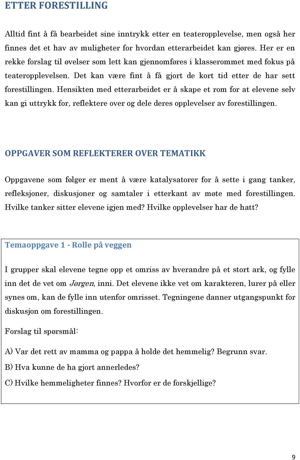 Hensikten med etterarbeidet er å skape et rom for at elevene selv kan gi uttrykk for, reflektere over og dele deres opplevelser av forestillingen.