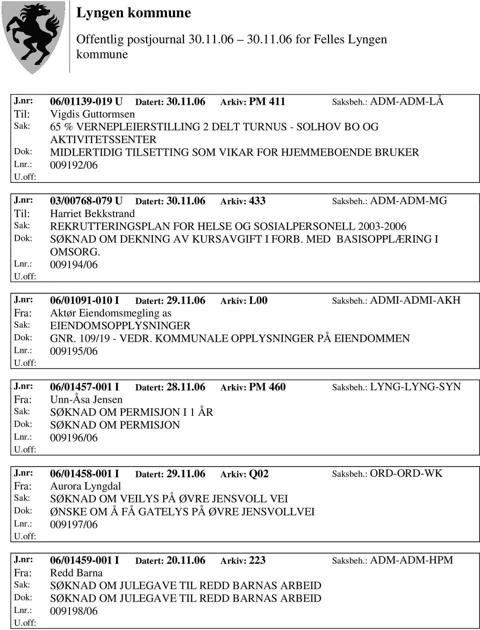 nr: 03/00768-079 U Datert: 30.11.06 Arkiv: 433 Saksbeh.: ADM-ADM-MG Til: Harriet Bekkstrand Sak: REKRUTTERINGSPLAN FOR HELSE OG SOSIALPERSONELL 2003-2006 Dok: SØKNAD OM DEKNING AV KURSAVGIFT I FORB.