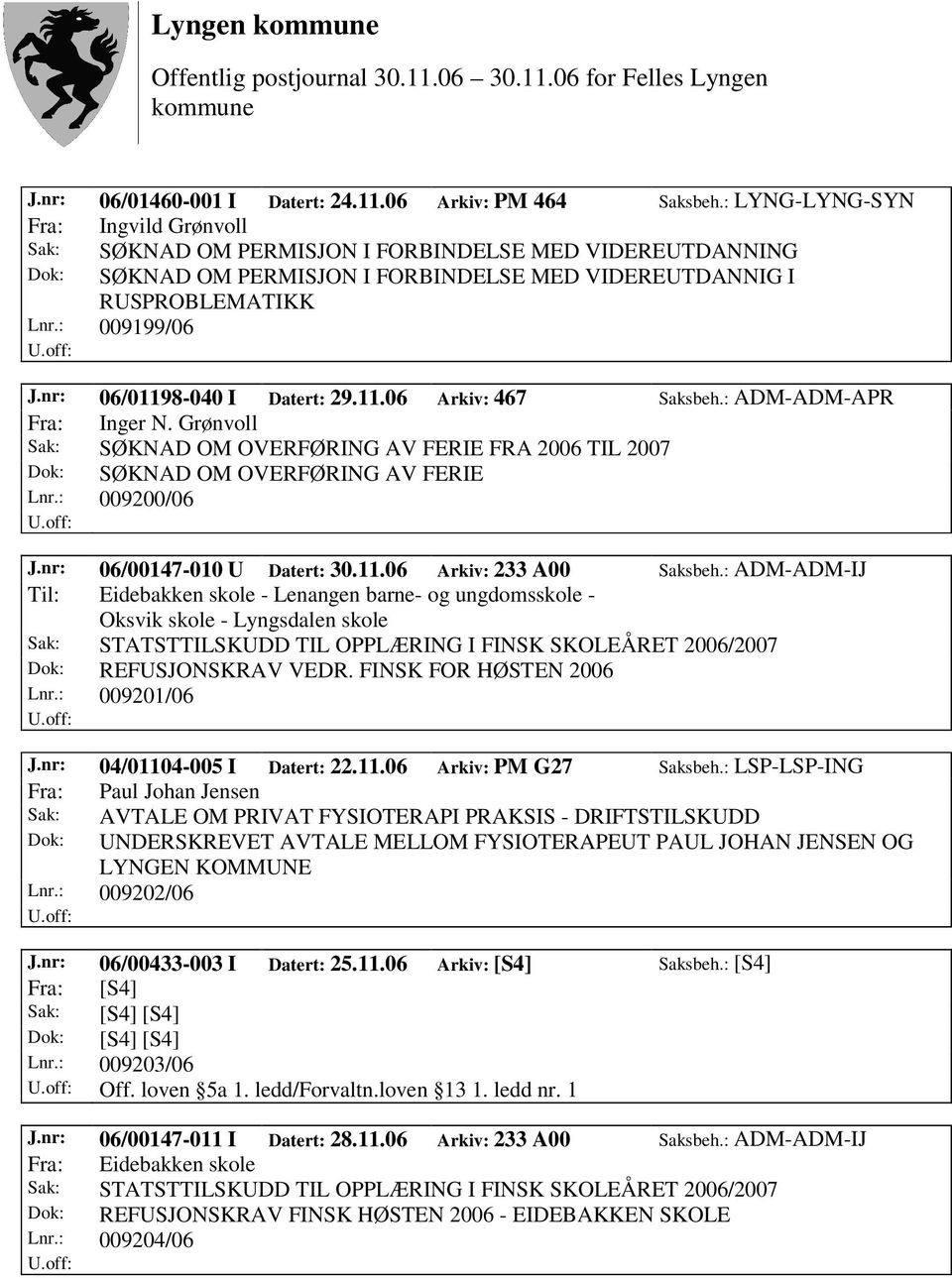 nr: 06/01198-040 I Datert: 29.11.06 Arkiv: 467 Saksbeh.: ADM-ADM-APR Fra: Inger N. Grønvoll Sak: SØKNAD OM OVERFØRING AV FERIE FRA 2006 TIL 2007 Dok: SØKNAD OM OVERFØRING AV FERIE Lnr.: 009200/06 J.