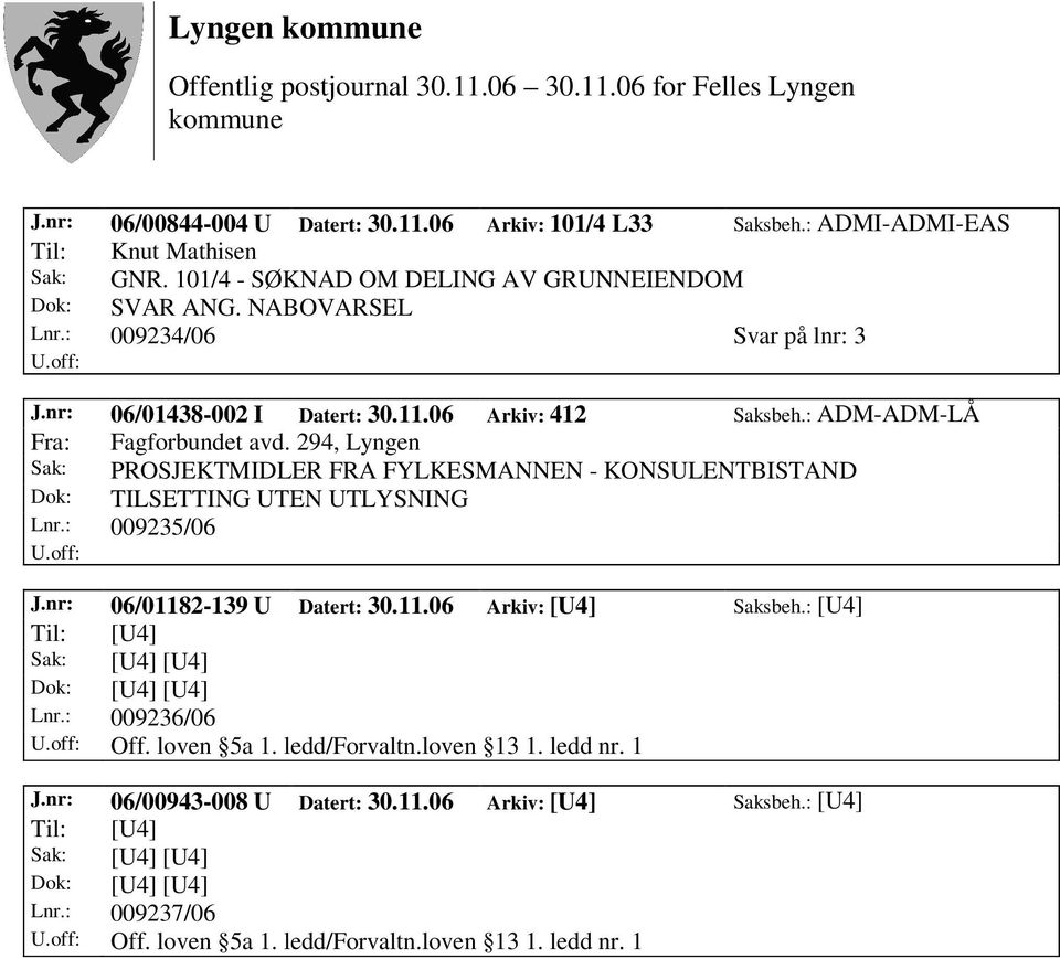 294, Lyngen Sak: PROSJEKTMIDLER FRA FYLKESMANNEN - KONSULENTBISTAND Dok: TILSETTING UTEN UTLYSNING Lnr.: 009235/06 J.nr: 06/01182-139 U Datert: 30.11.06 Arkiv: [U4] Saksbeh.