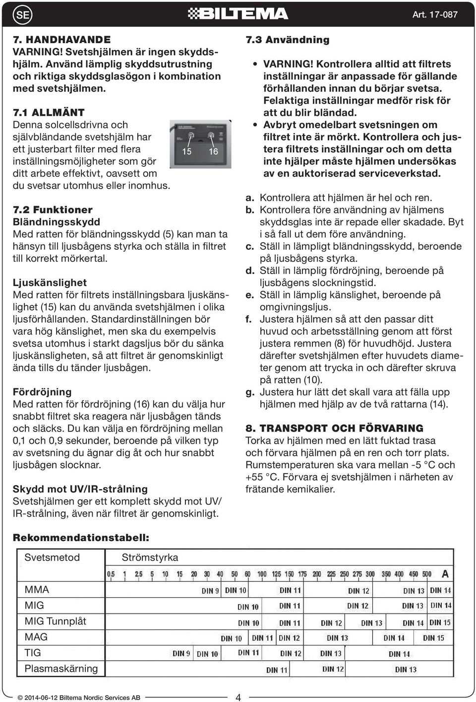 15 1.2 Funktioner Bländningsskydd 1 2 3 Med ratten för bländningsskydd (5) kan man ta hänsyn till ljusbågens styrka och ställa in filtret till korrekt mörkertal.