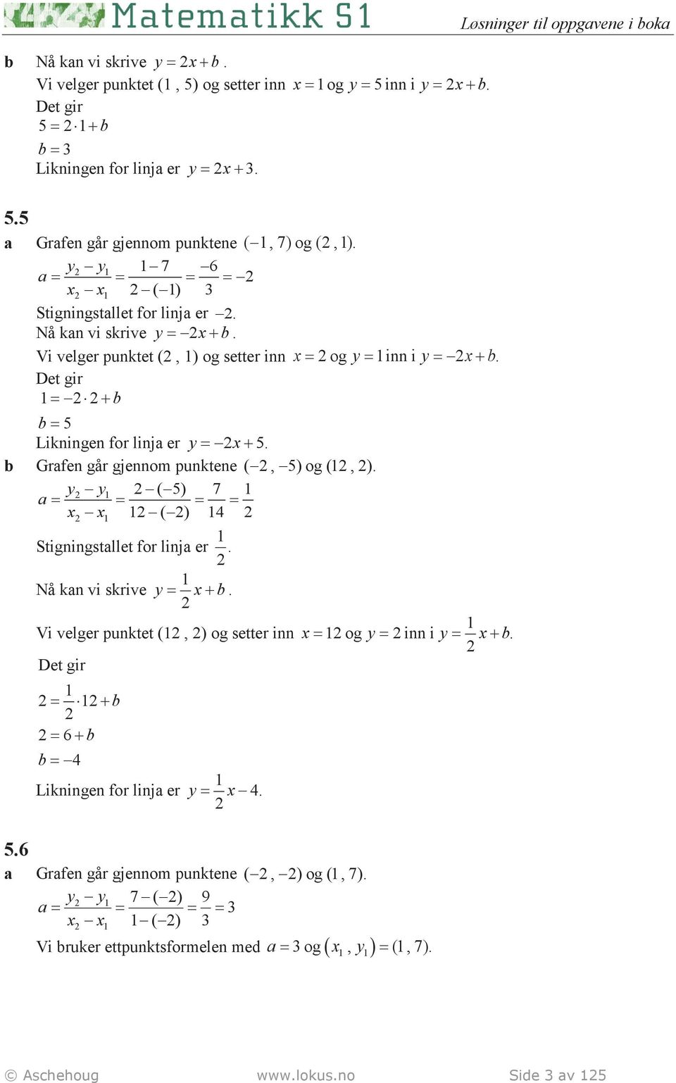 Det gir 1= + b b = 5 Likningen for linja er y = x+ 5. b Grafen går gjennom punktene (, 5) og (1, ).