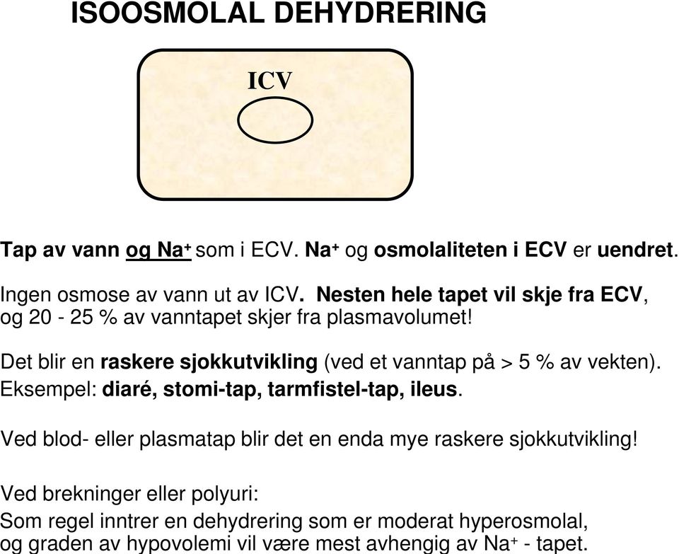 Ingen osmose av vann ut av ICV. Nesten hele tapet vil skje fra ECV, og 20-25 % av vanntapet skjer fra plasmavolumet!