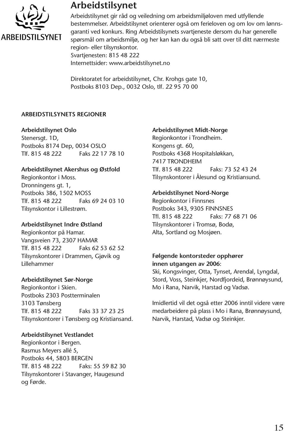 Ring Arbeidstilsynets svartjeneste dersom du har generelle spørsmål om arbeidsmiljø, og her kan kan du også bli satt over til ditt nærmeste region- eller tilsynskontor.