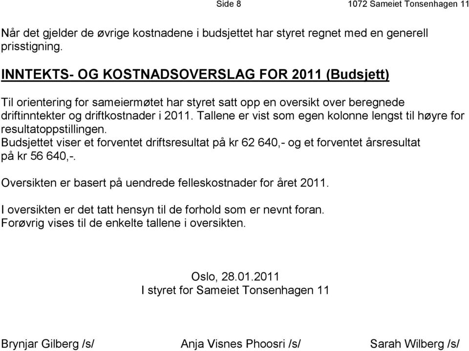 Tallene er vist som egen kolonne lengst til høyre for resultatoppstillingen. Budsjettet viser et forventet driftsresultat på kr 62 640,- og et forventet årsresultat på kr 56 640,-.