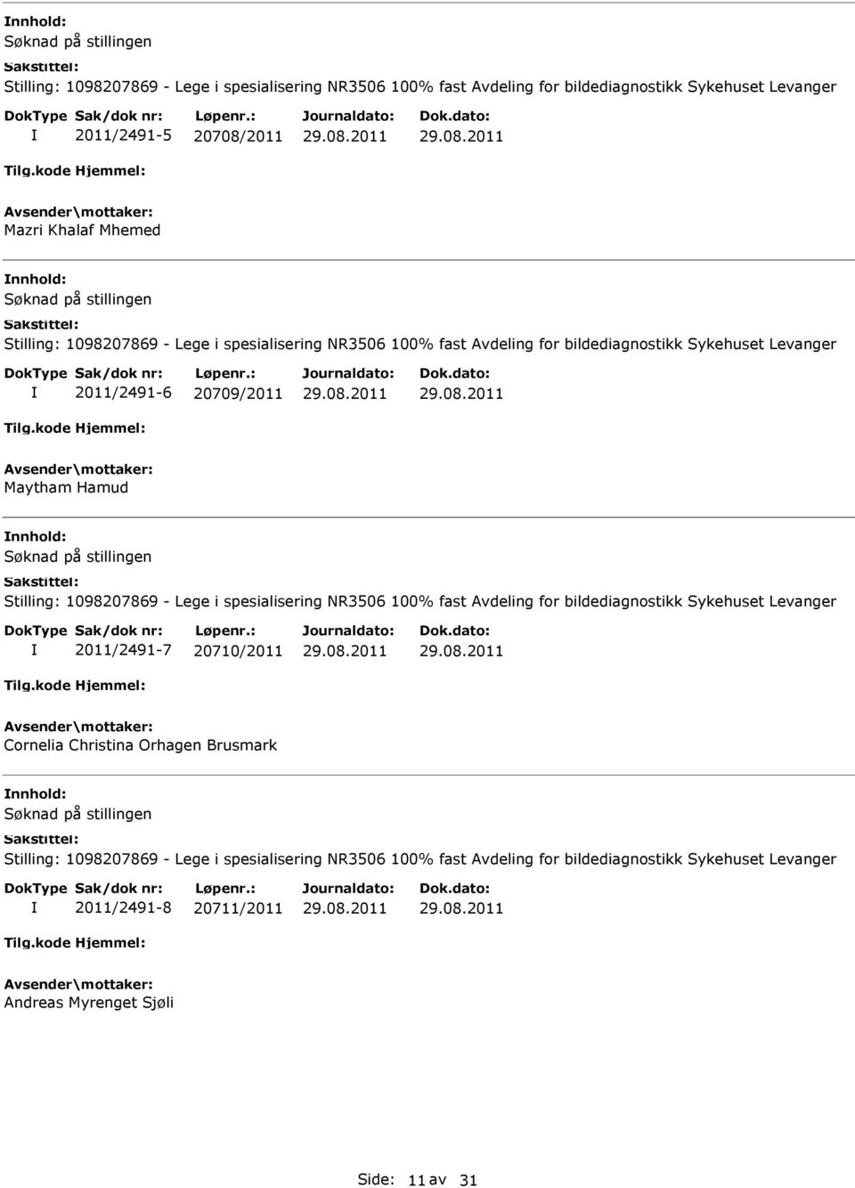 1098207869 - Lege i spesialisering NR3506 100% fast Avdeling for bildediagnostikk Sykehuset Levanger 2011/2491-7 20710/2011 Cornelia Christina Orhagen Brusmark