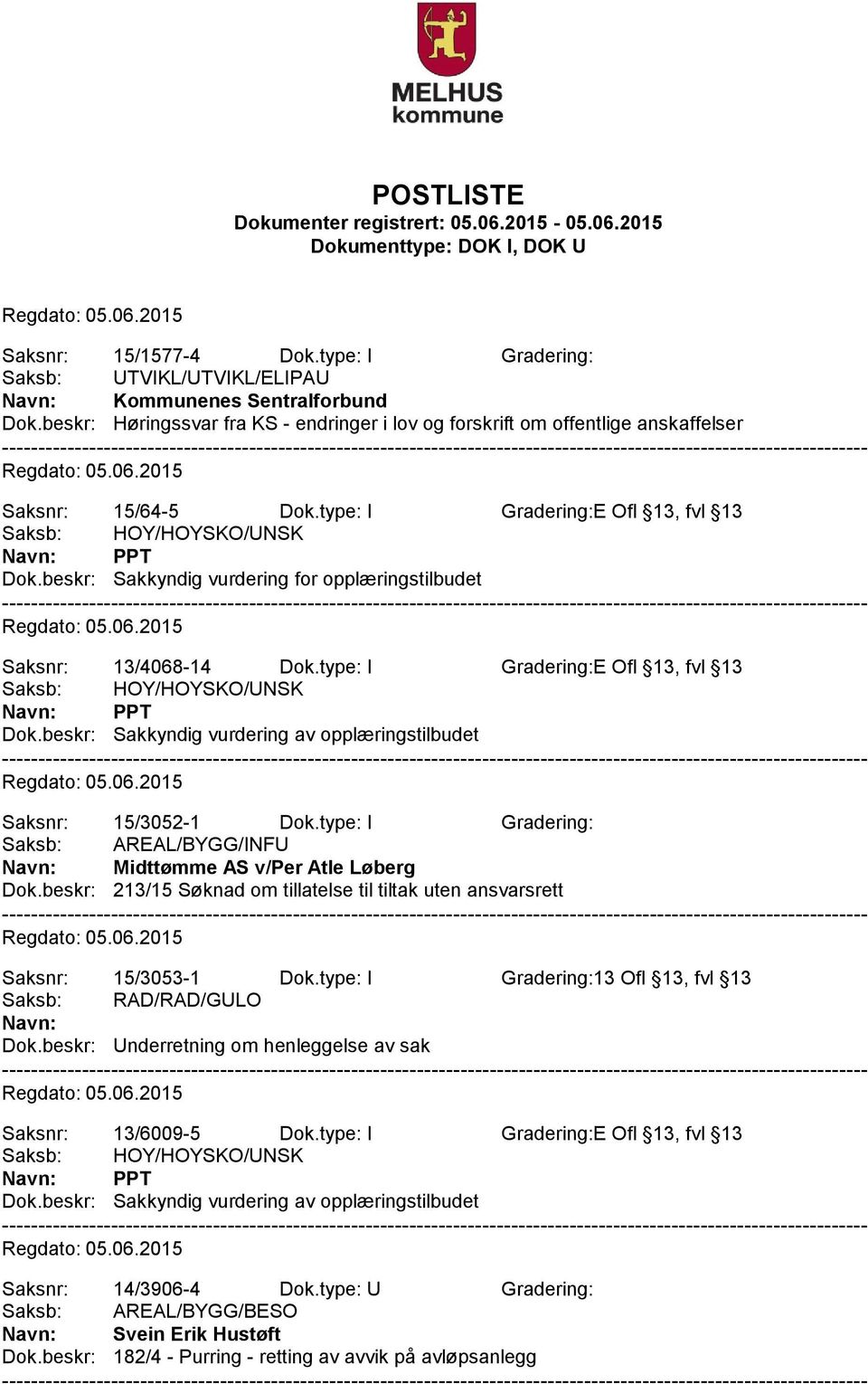 beskr: Sakkyndig vurdering for opplæringstilbudet Saksnr: 13/4068-14 Dok.type: I Gradering:E Ofl 13, fvl 13 PPT Dok.beskr: Sakkyndig vurdering av opplæringstilbudet Saksnr: 15/3052-1 Dok.