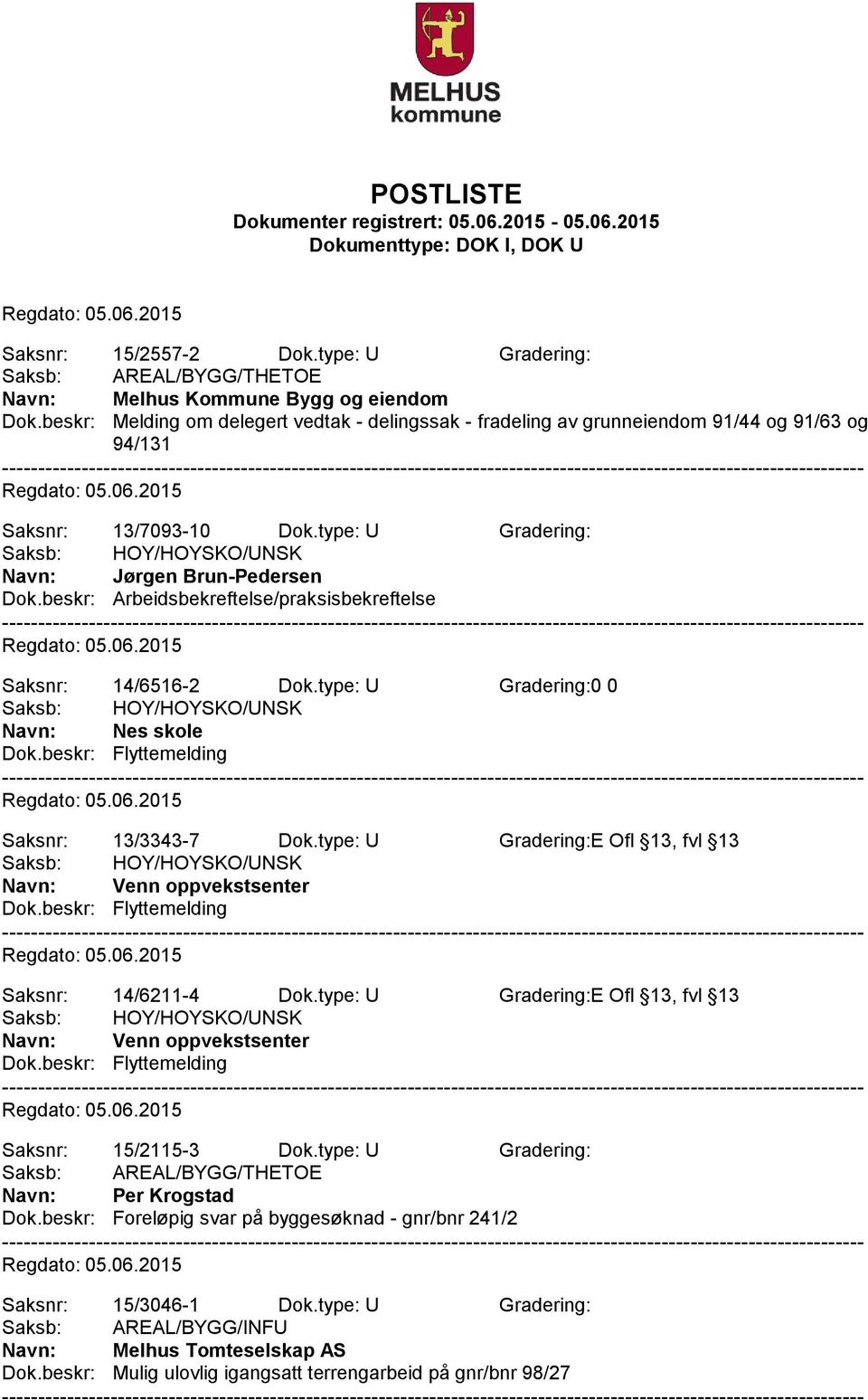 type: U Gradering:E Ofl 13, fvl 13 Venn oppvekstsenter Dok.beskr: Flyttemelding Saksnr: 14/6211-4 Dok.type: U Gradering:E Ofl 13, fvl 13 Venn oppvekstsenter Dok.beskr: Flyttemelding Saksnr: 15/2115-3 Dok.