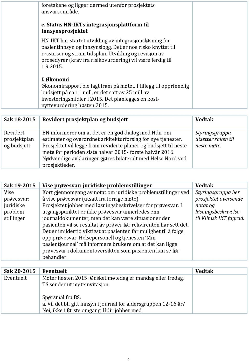 Det er noe risko knyttet til ressurser og stram tidsplan. Utvikling og revisjon av prosedyrer (krav fra risikovurdering) vil være ferdig til 1.9.2015. f. Økonomi Økonomirapport ble lagt fram på møtet.