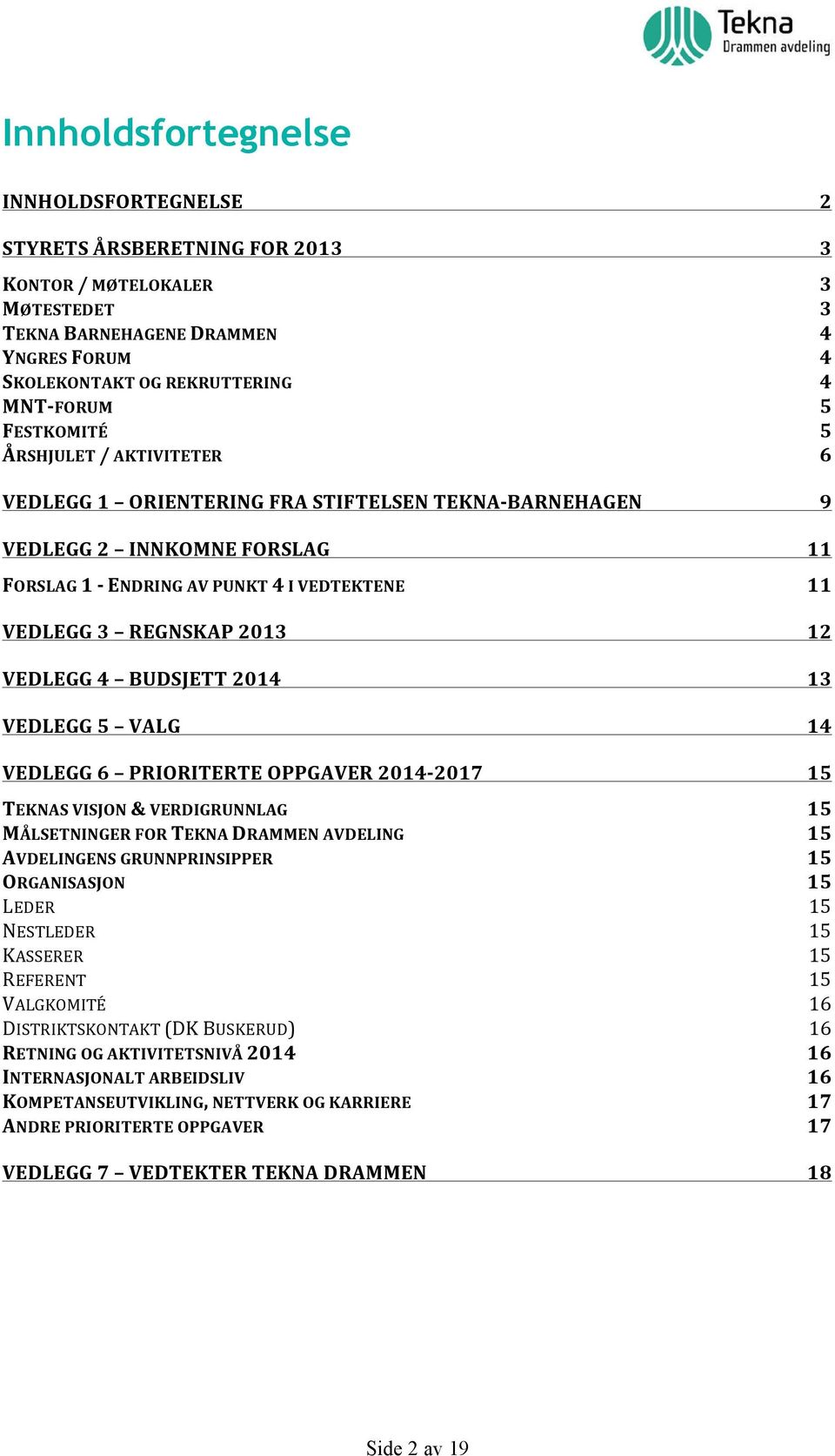 VEDLEGG 5 VALG VEDLEGG 6 PRIORITERTE OPPGAVER 2014-2017 TEKNAS VISJON & VERDIGRUNNLAG MÅLSETNINGER FOR TEKNA DRAMMEN AVDELING AVDELINGENS GRUNNPRINSIPPER ORGANISASJON LEDER NESTLEDER KASSERER