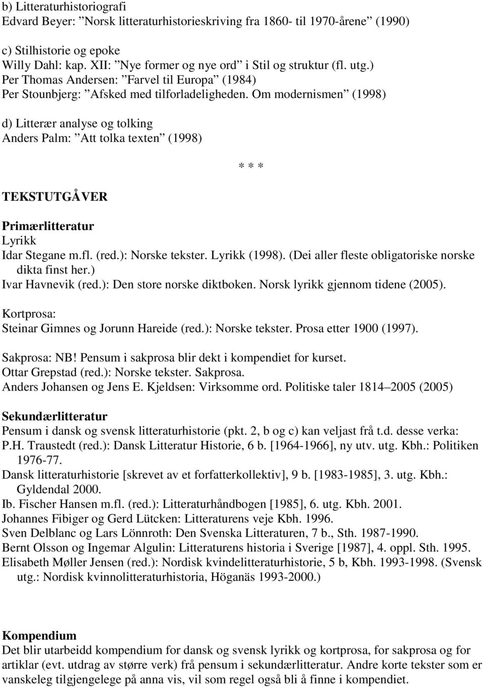 Om modernismen (1998) d) Litterær analyse og tolking Anders Palm: Att tolka texten (1998) TEKSTUTGÅVER * * * Primærlitteratur Lyrikk Idar Stegane m.fl. (red.): Norske tekster. Lyrikk (1998).