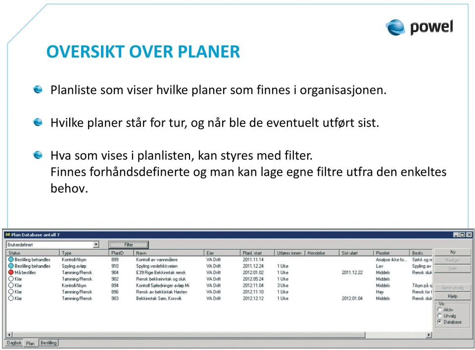 Hvilke planer står for tur, og når ble de eventuelt utført sist.