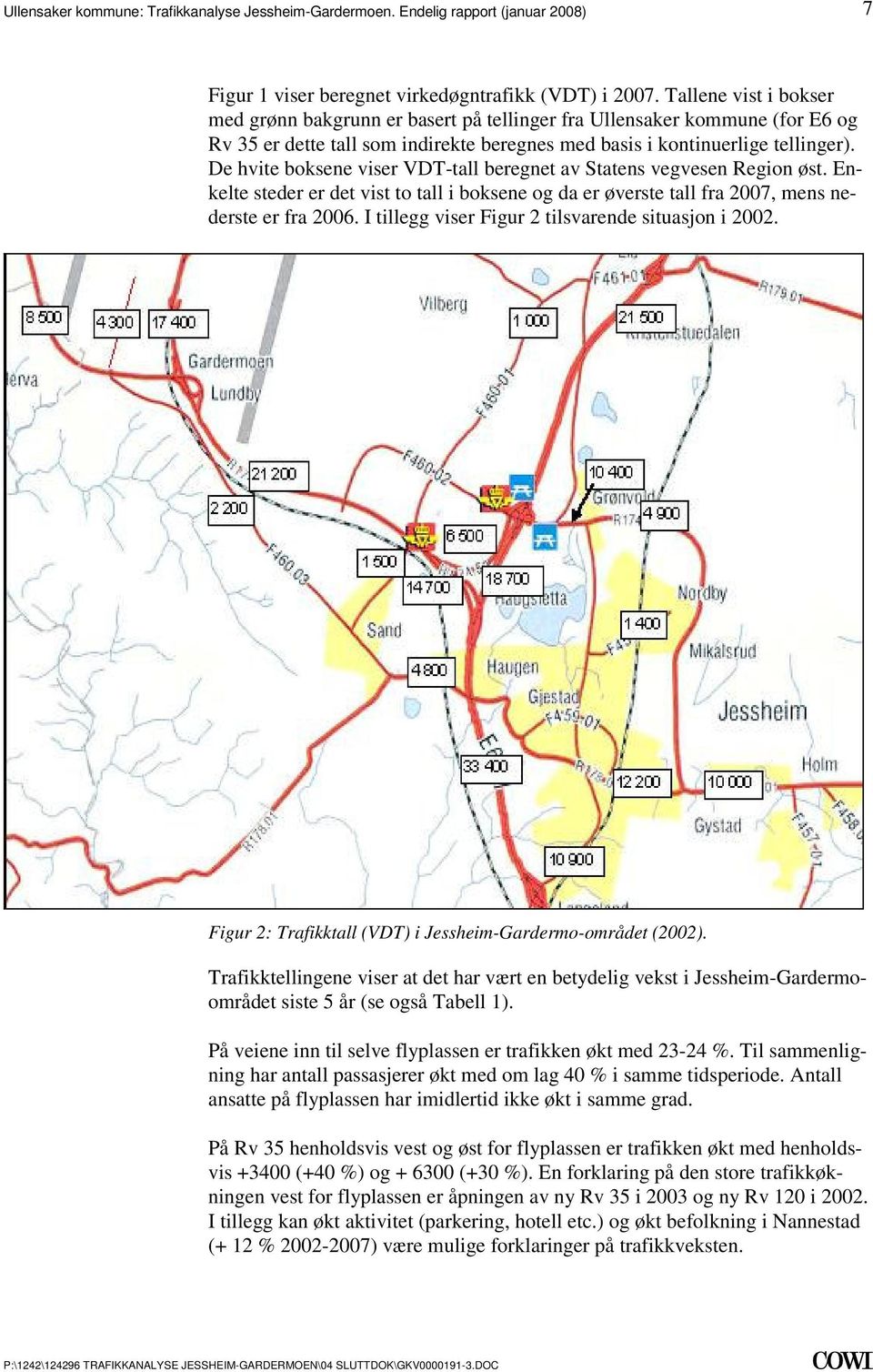 fra 2006 I tillegg viser Figur 2 tilsvarende situasjon i 2002 Figur 2: Trafikktall (VDT) i Jessheim-Gardermo-området (2002) Trafikktellingene viser at det har vært en betydelig vekst i