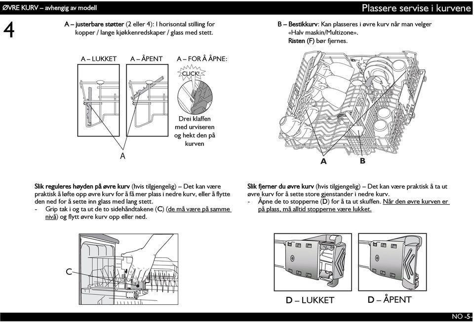 A Rotate Drei klaffen the flap med clockwise urviseren and og hook hekt on den rack på kurven A B Slik reguleres høyden på øvre kurv (hvis tilgjengelig) Det kan være praktisk å løfte opp øvre kurv