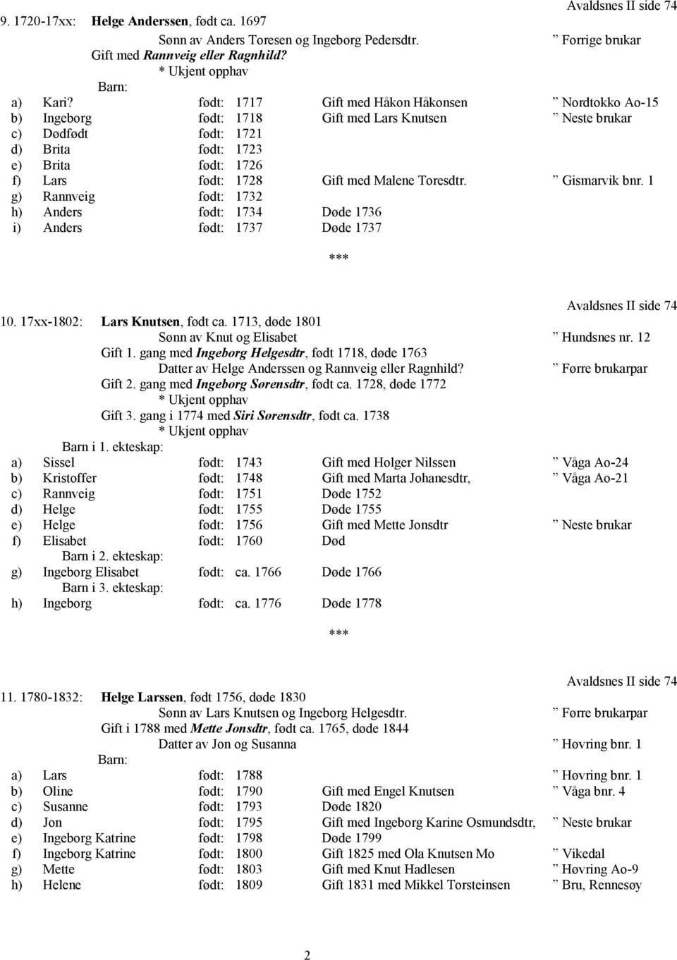Malene Toresdtr. Gismarvik bnr. 1 g) Rannveig født: 1732 h) Anders født: 1734 Døde 1736 i) Anders født: 1737 Døde 1737 Avaldsnes II side 74 10. 17xx-1802: Lars Knutsen, født ca.