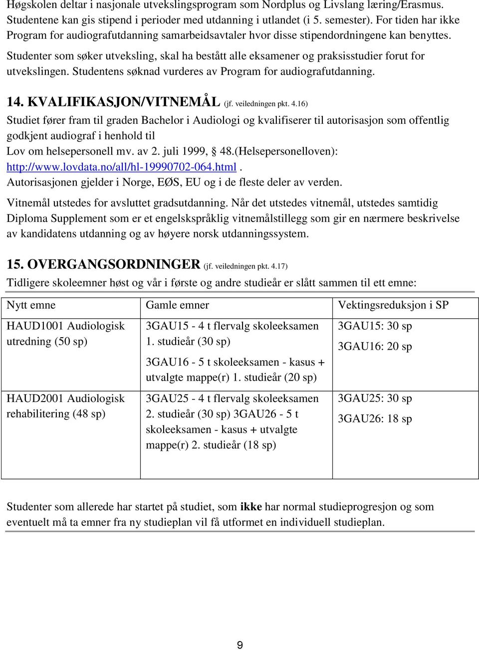 Studenter som søker utveksling, skal ha bestått alle eksamener og praksisstudier forut for utvekslingen. Studentens søknad vurderes av Program for audiografutdanning. 14. KVALIFIKASJON/VITNEMÅL (jf.