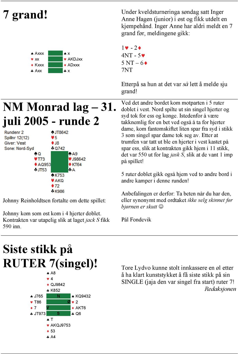 juli 2005 - runde 2 Ved det andre bordet kom motparten i 5 ruter doblet i vest. Nord spilte ut sin singel hjerter og syd tok for ess og konge.