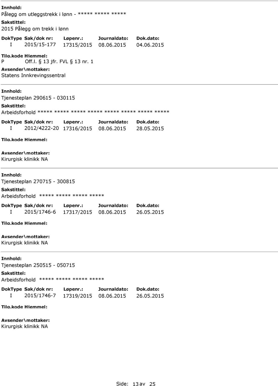 2015 Kirurgisk klinikk NA Tjenesteplan 270715-300815 Arbeidsforhold ***** ***** ***** ***** 2015/1746-6 17317/2015 26.05.