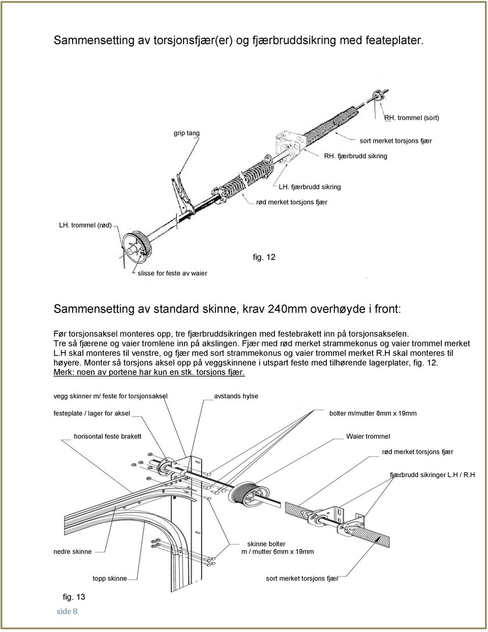 12 slisse for feste av waier Sammensetting av standard skinne, krav 240mm overhøyde i front: Før torsjonsaksel monteres opp, tre fjærbruddsikringen med festebrakett inn på torsjonsakselen.