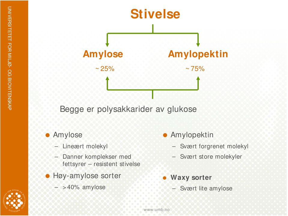 med fettsyrer resistent stivelse Høy-amylose sorter >40% amylose