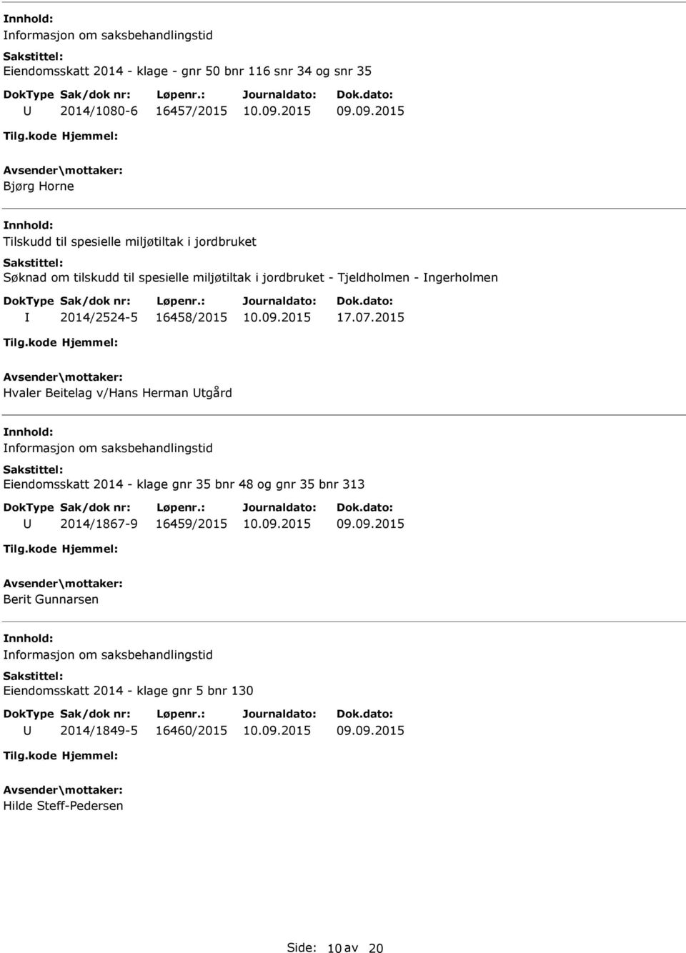 2015 Hvaler Beitelag v/hans Herman tgård nformasjon om saksbehandlingstid Eiendomsskatt 2014 - klage gnr 35 bnr 48 og gnr 35 bnr 313 2014/1867-9